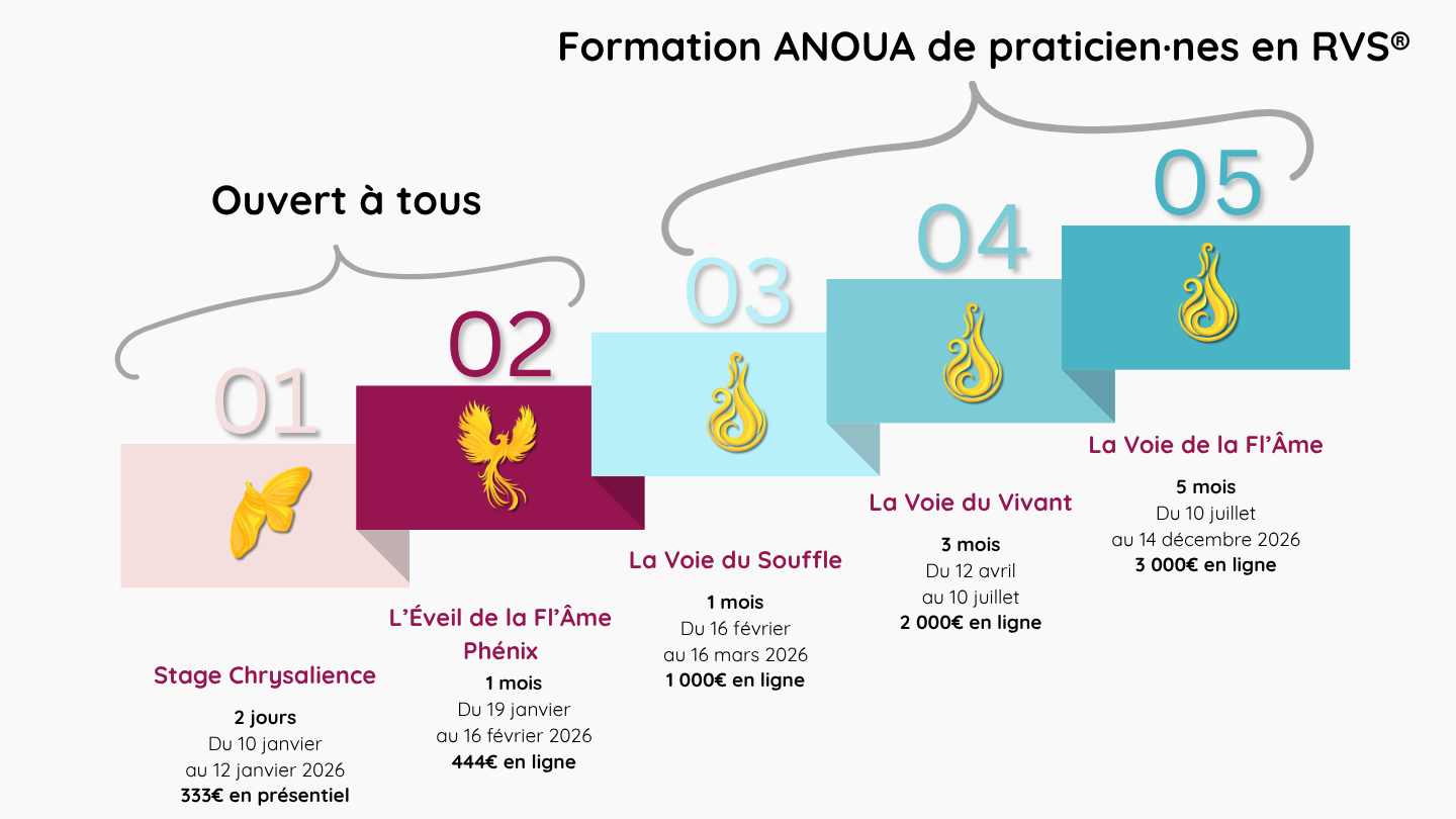 Parcours formation ANOUA praticien·nes en RVS - stage Chrysalience, L'Eveil de la Fl'Ame Phénix, La voie du Souffle, la Voie du Vivant, la Voie de la Fl'Ame